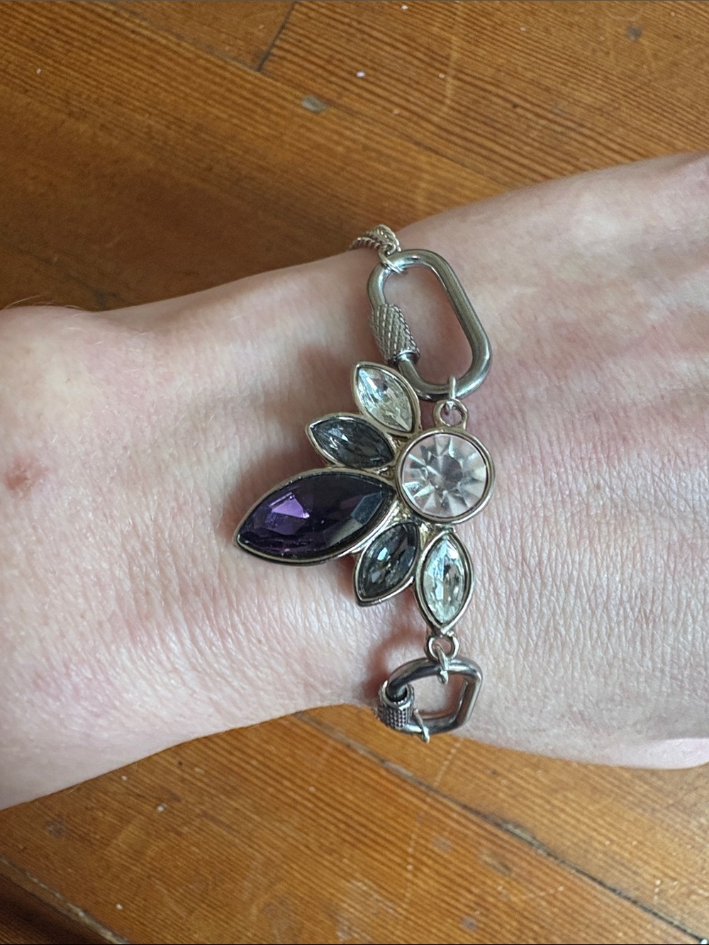 Hand-CraftedSilver Floral Crystal Bracelet w/ Purple Accent And Carabiner Clasps